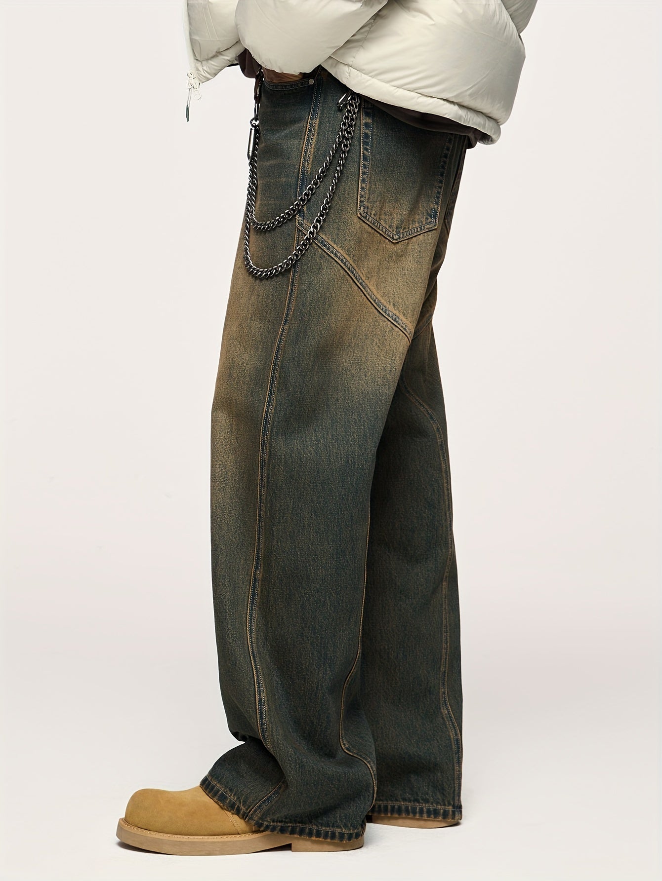 Men's Fashionable Washed Cut-Off Wide-Leg Faux Denim