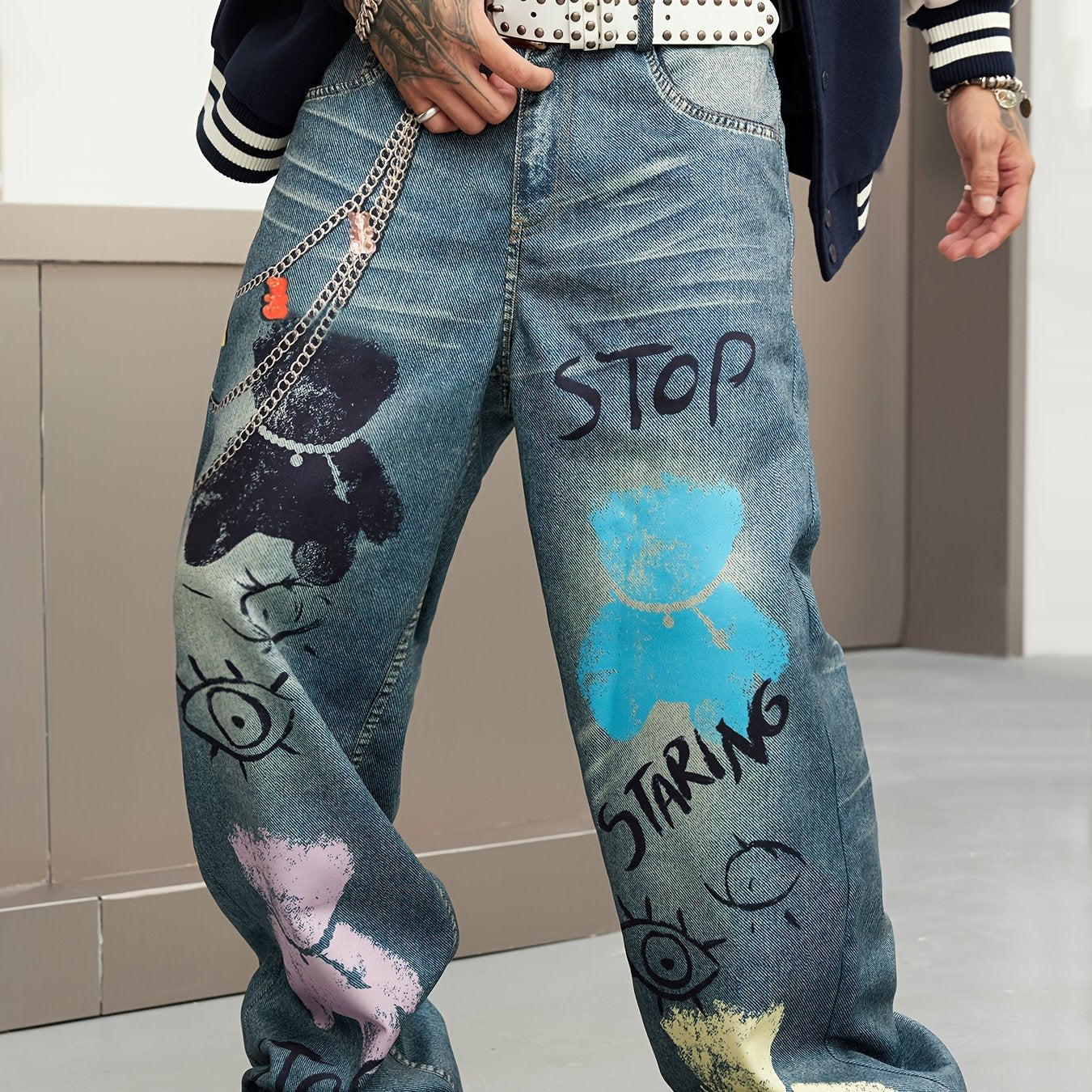 Printed Loose Fit Straight Leg Faux Denim