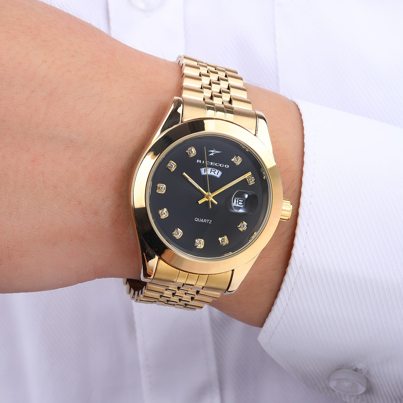 Men's Luxury Business Golden Stainless Steel Strap Dual Calendar Quartz Watch
