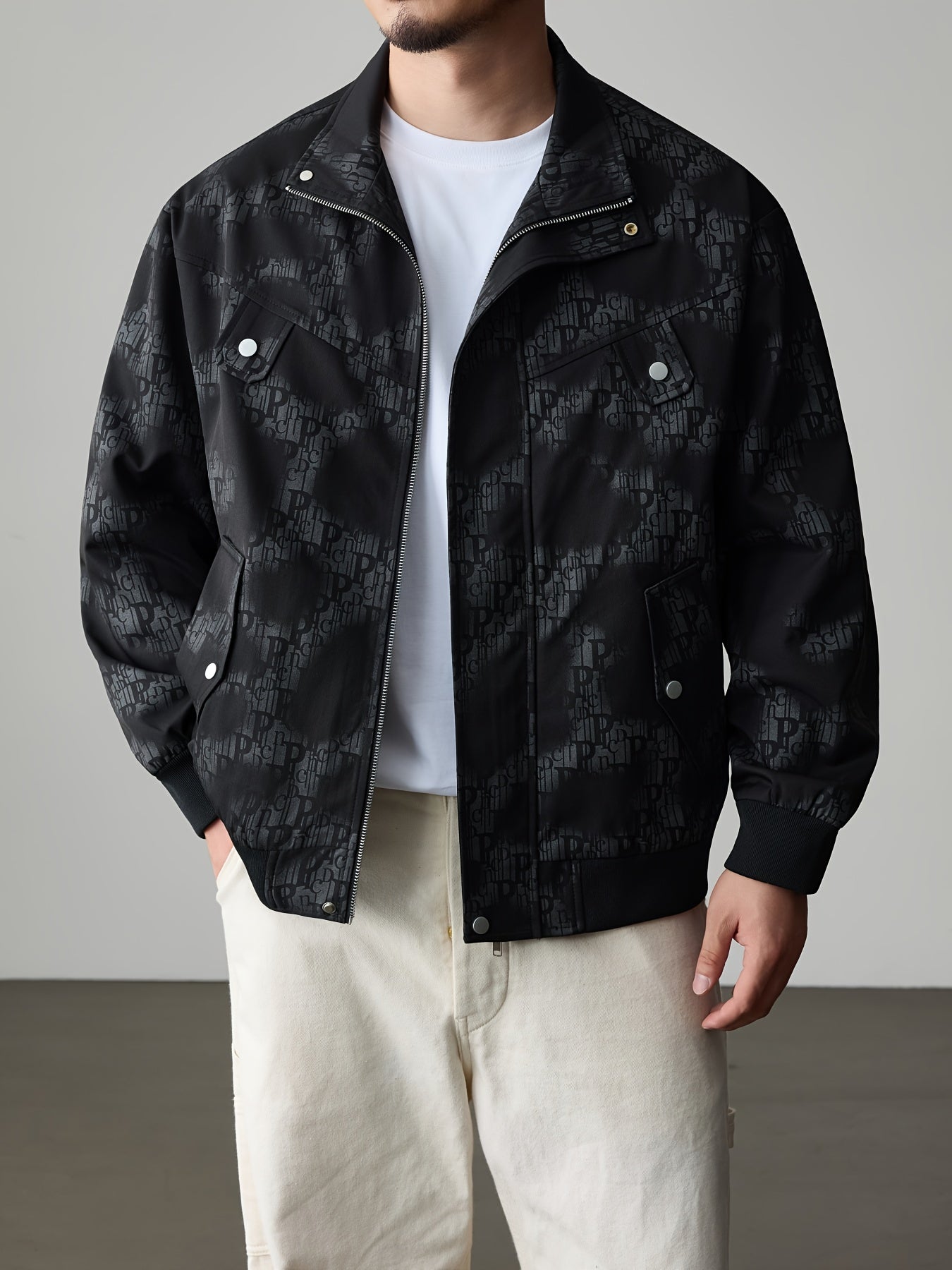 Men's Autumn Letter Print Bomber Jacket with Stand Collar & Zipper Closure