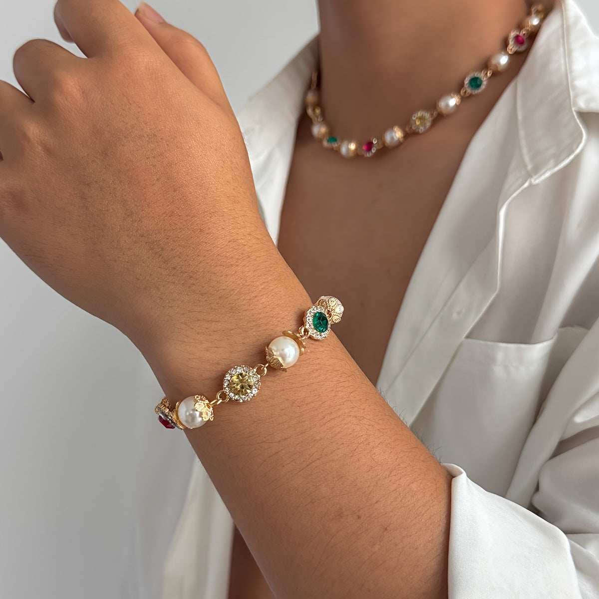 Colored Imitation Pearl Necklace and Bracelet