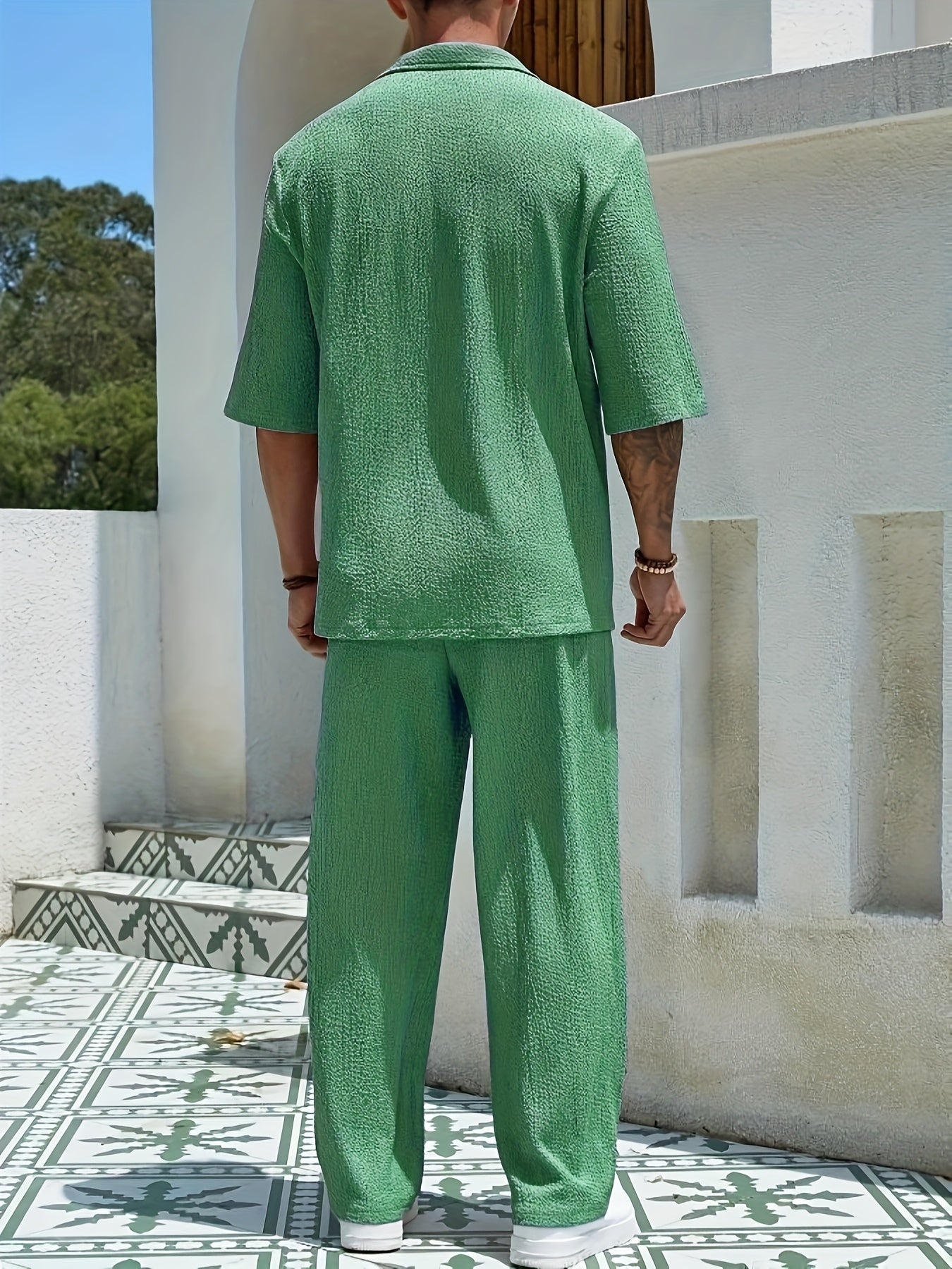 Summer Men's Casual Loose Short Sleeve Long Pants Turnover Collar Two-piece Set
