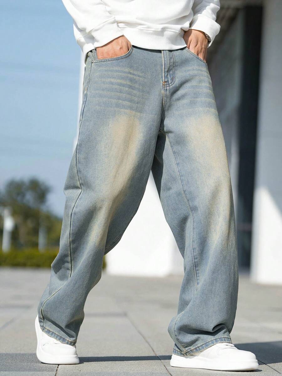 Men's Whiskered Slanted Pocket Denim Baggy Jeans