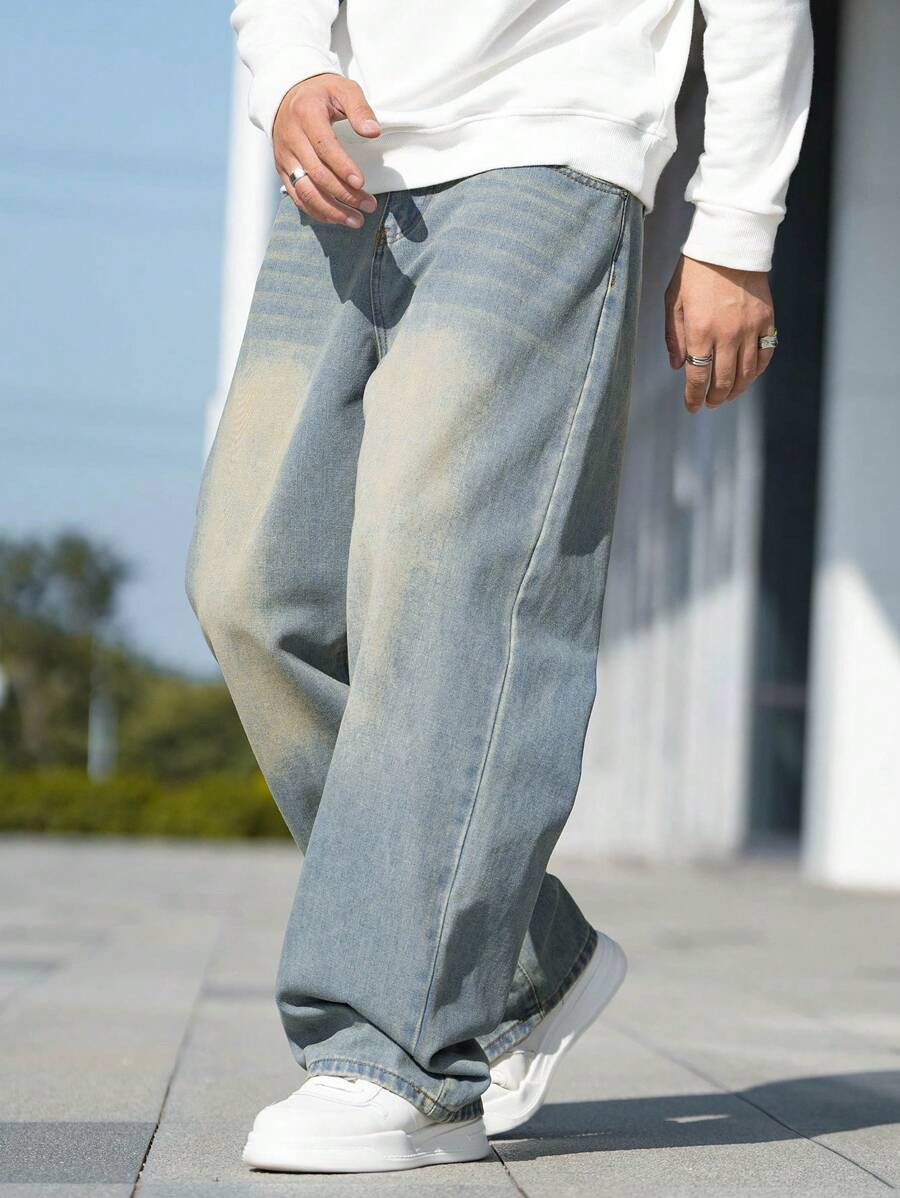 Men's Whiskered Slanted Pocket Denim Baggy Jeans