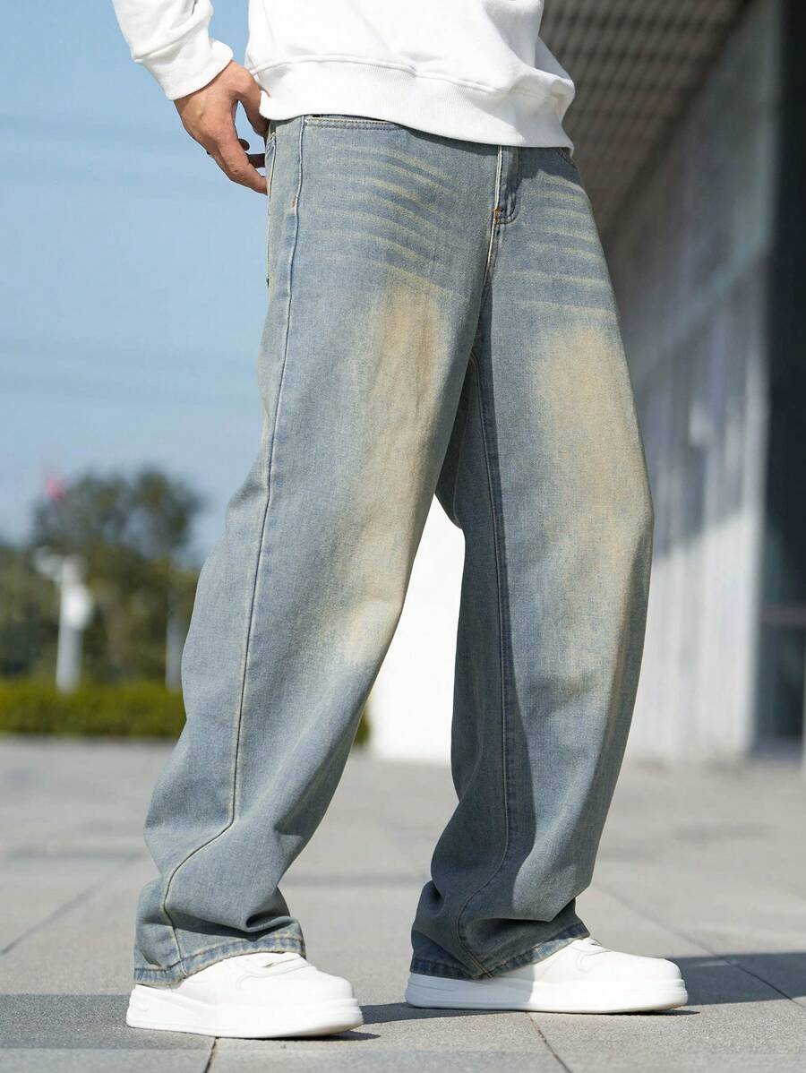 Men's Whiskered Slanted Pocket Denim Baggy Jeans