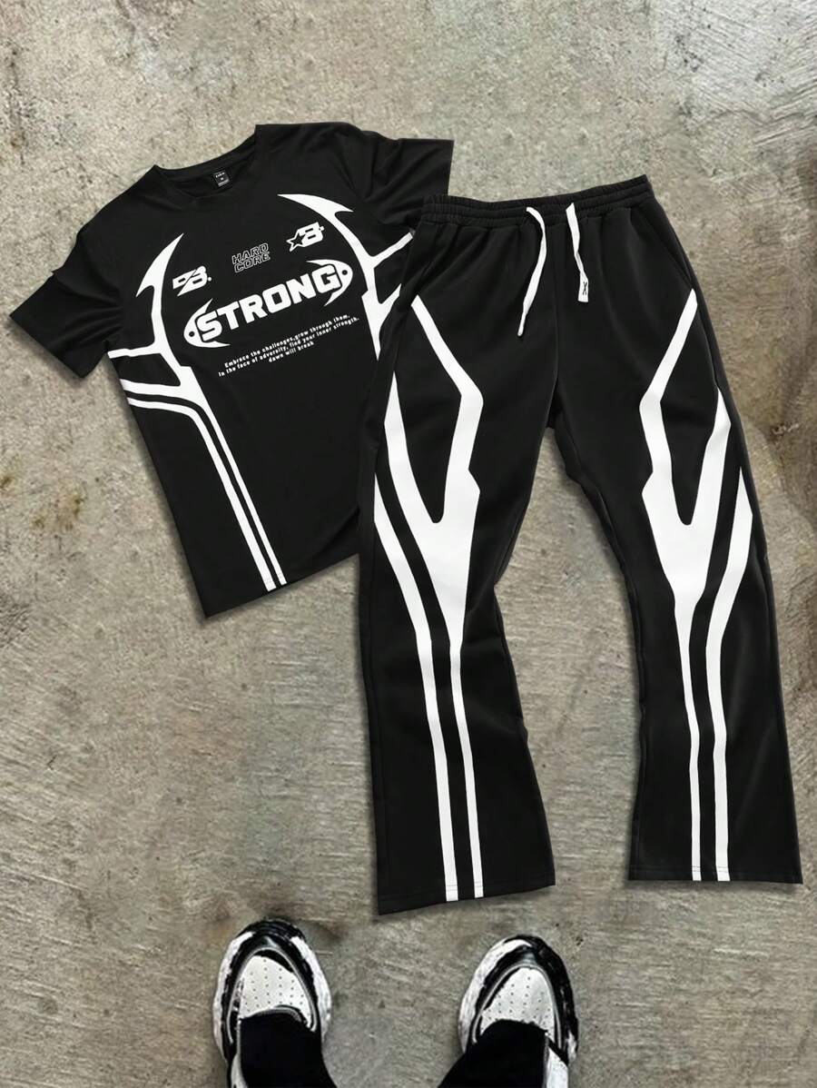 Men's Print Short Sleeve Crew Neck T-Shirt And Drawstring Loose Casual Pants Set 2pcs