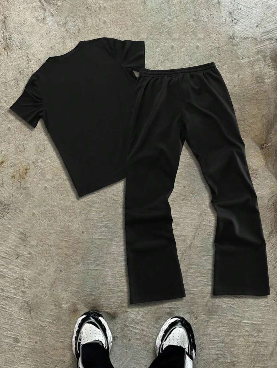Men's Print Short Sleeve Crew Neck T-Shirt And Drawstring Loose Casual Pants Set 2pcs