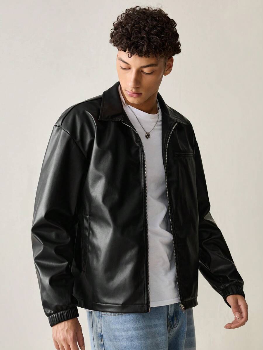 Men's Casual PU Leather Fitted Long Sleeve Men Jacket