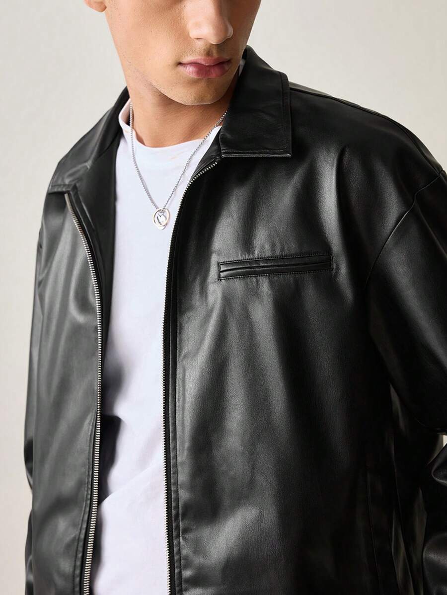 Men's Casual PU Leather Fitted Long Sleeve Men Jacket