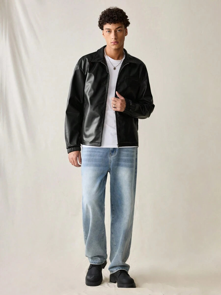 Men's Casual PU Leather Fitted Long Sleeve Men Jacket