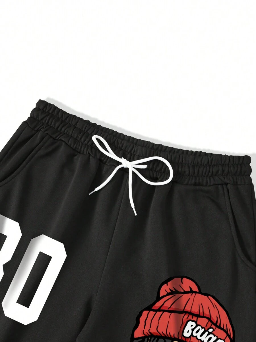 Men's Print Hoodie And Drawstring Pants Casual Tracksuit