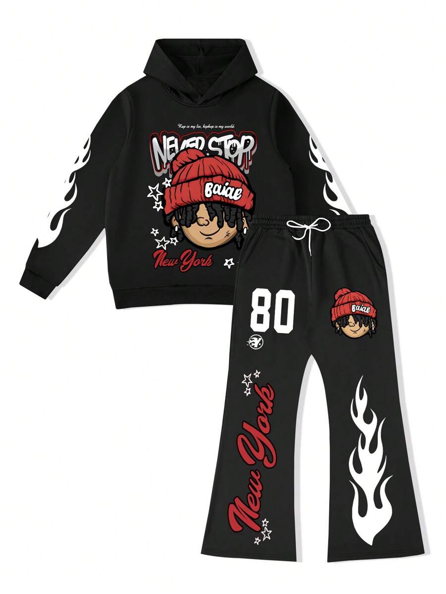 Men's Print Hoodie And Drawstring Pants Casual Tracksuit