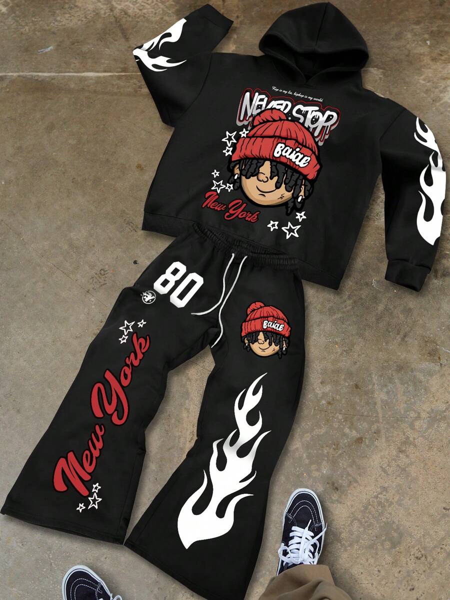 Men's Print Hoodie And Drawstring Pants Casual Tracksuit