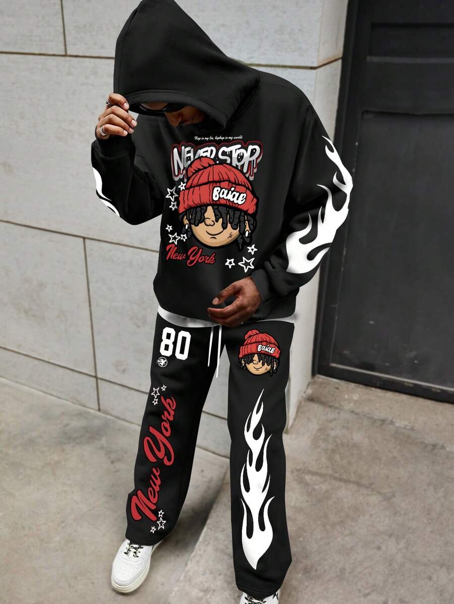 Men's Print Hoodie And Drawstring Pants Casual Tracksuit