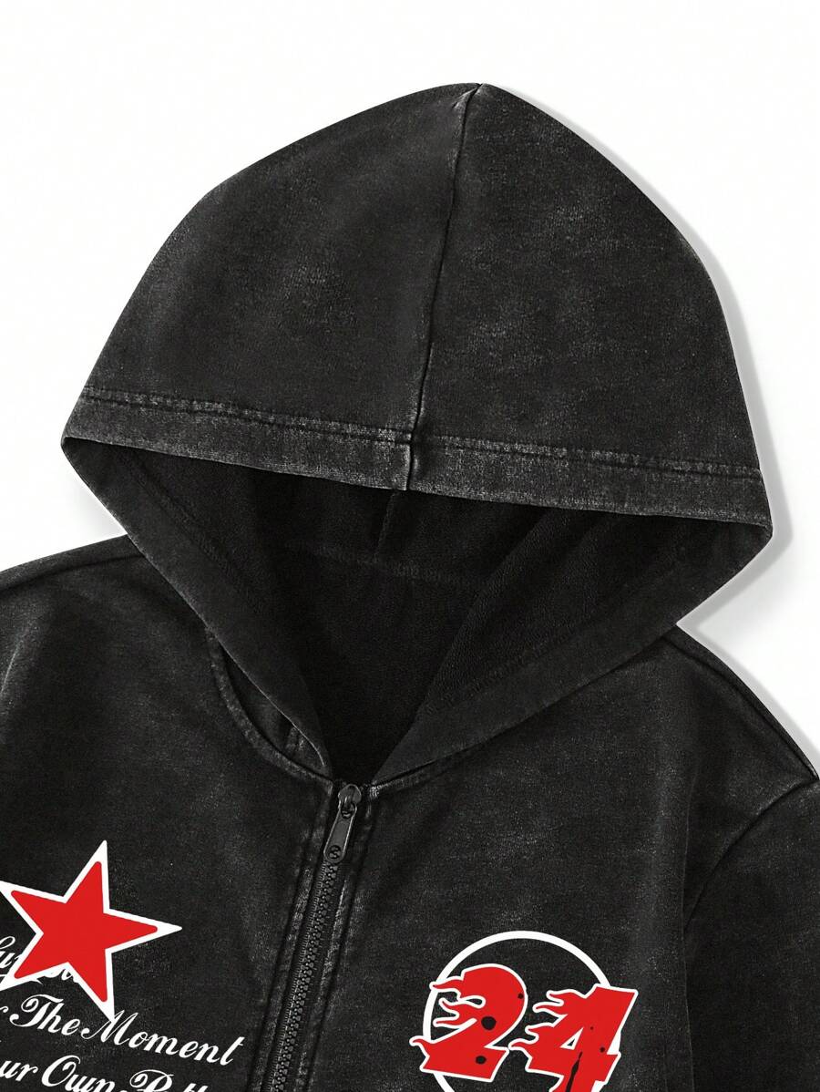 Washed Print Zip-Up Hoodie