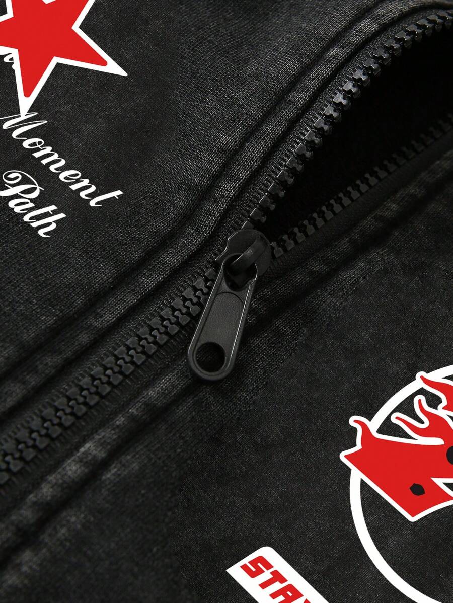 Washed Print Zip-Up Hoodie