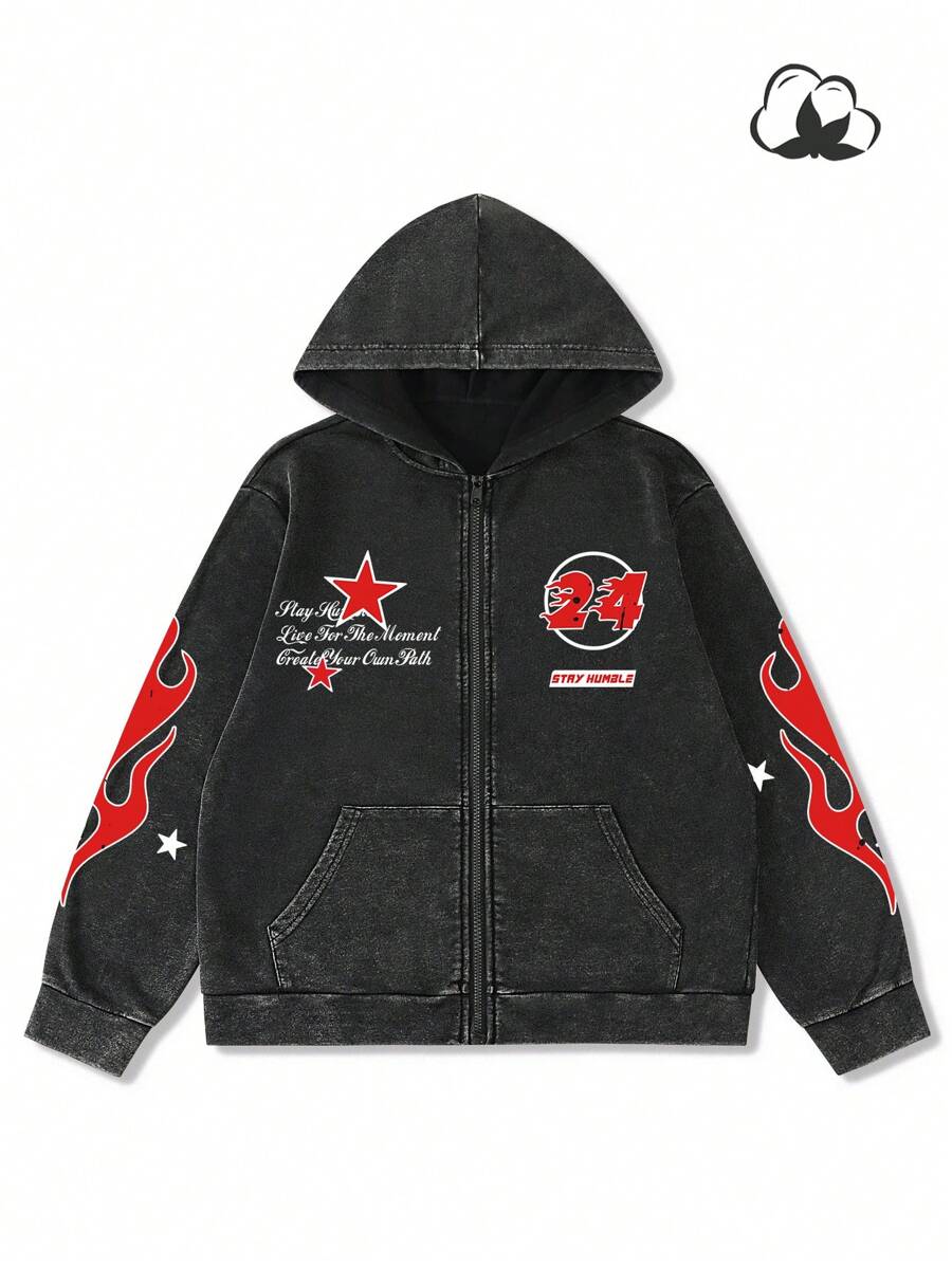 Washed Print Zip-Up Hoodie