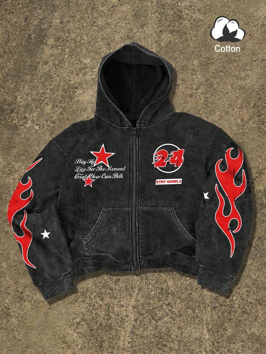 Washed Print Zip-Up Hoodie