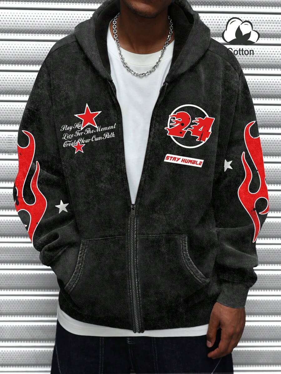 Washed Print Zip-Up Hoodie