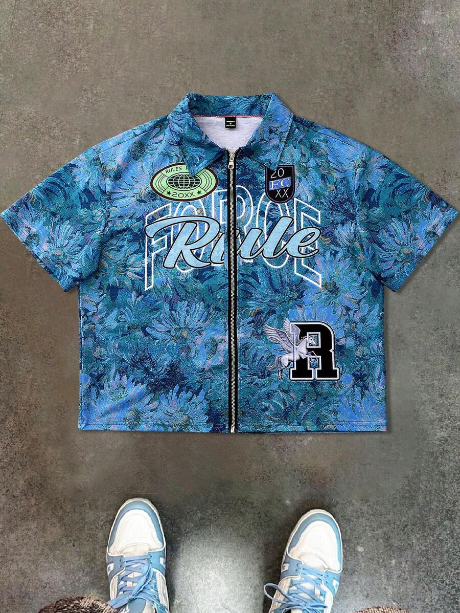 Men's Oil Painting Sunflower Print Pegasus Print Zip-Up Shirt ,