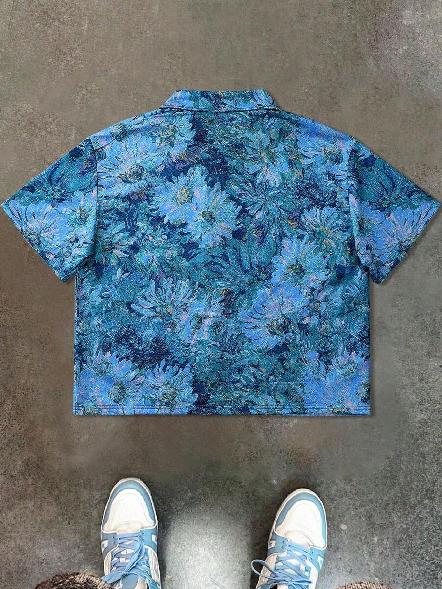 Men's Oil Painting Sunflower Print Pegasus Print Zip-Up Shirt ,