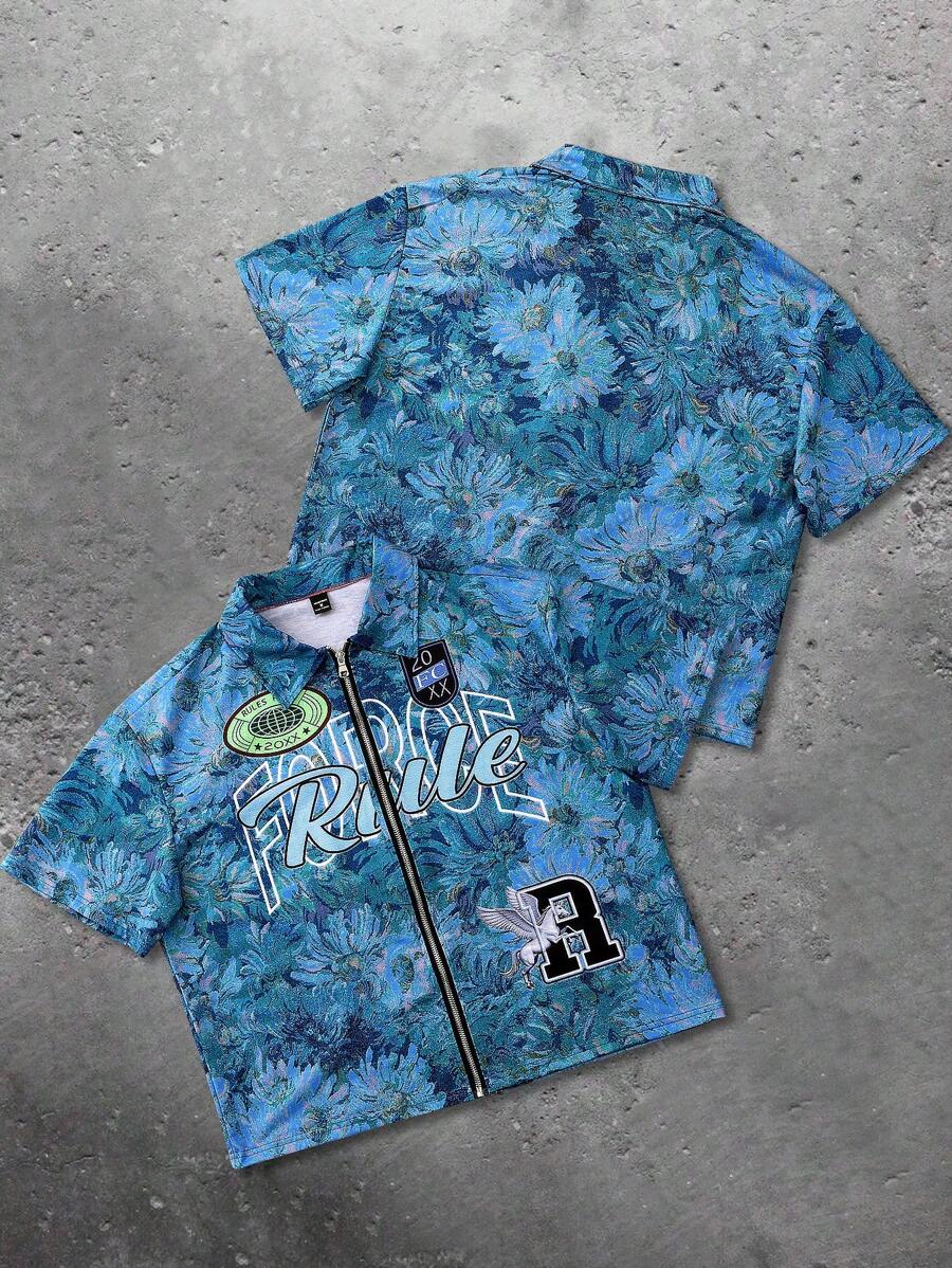 Men's Oil Painting Sunflower Print Pegasus Print Zip-Up Shirt ,