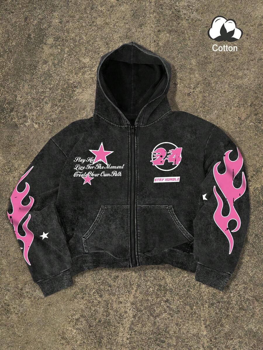Washed Print Zip-Up Hoodie