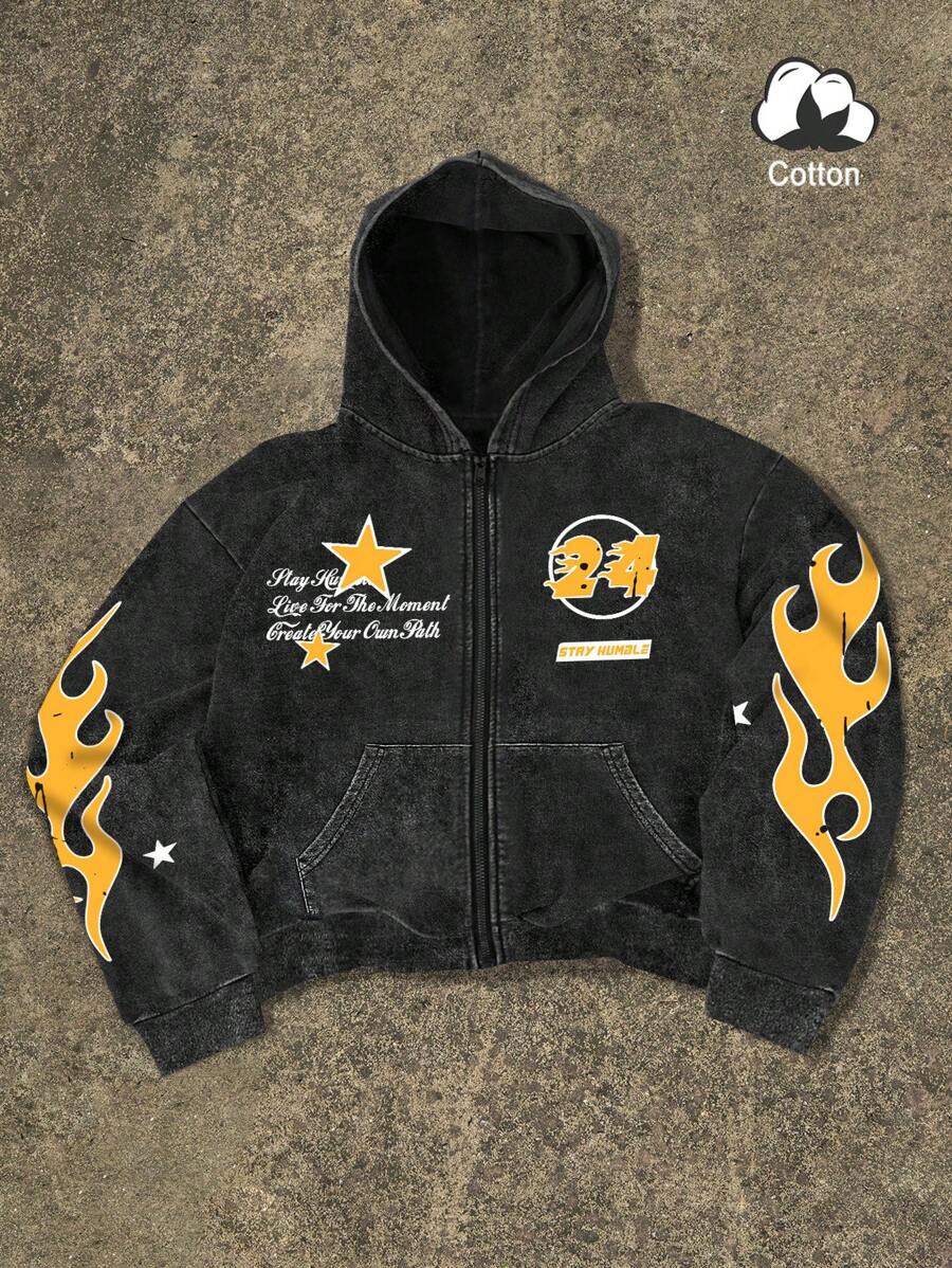Washed Print Zip-Up Hoodie