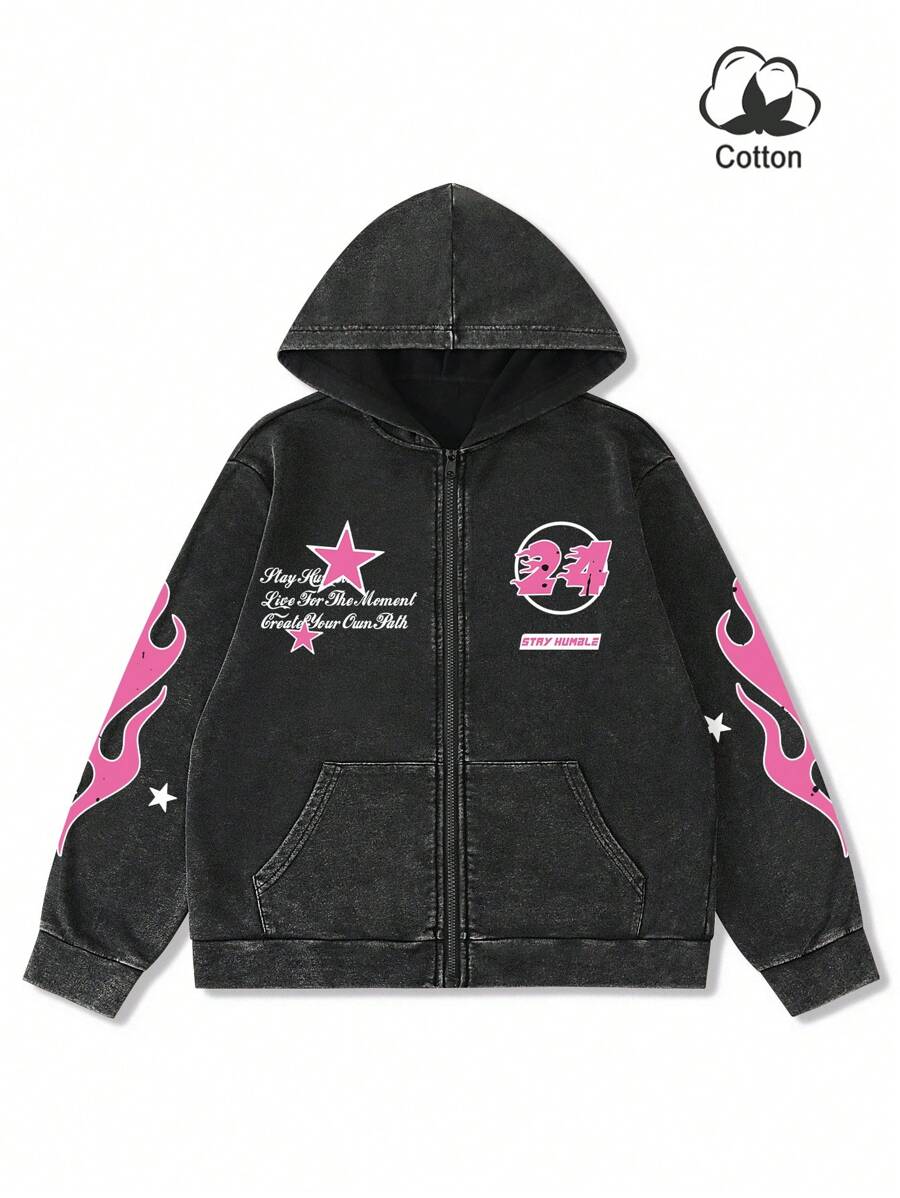 Washed Print Zip-Up Hoodie