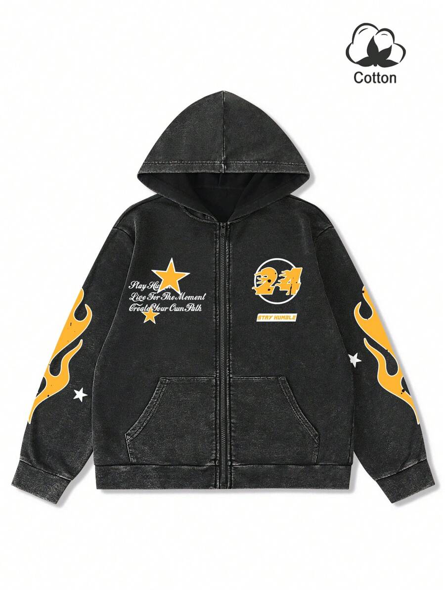 Washed Print Zip-Up Hoodie