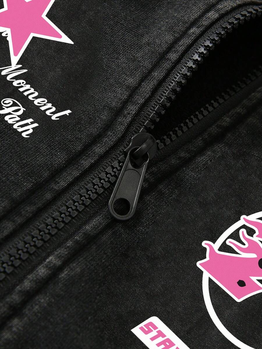 Washed Print Zip-Up Hoodie