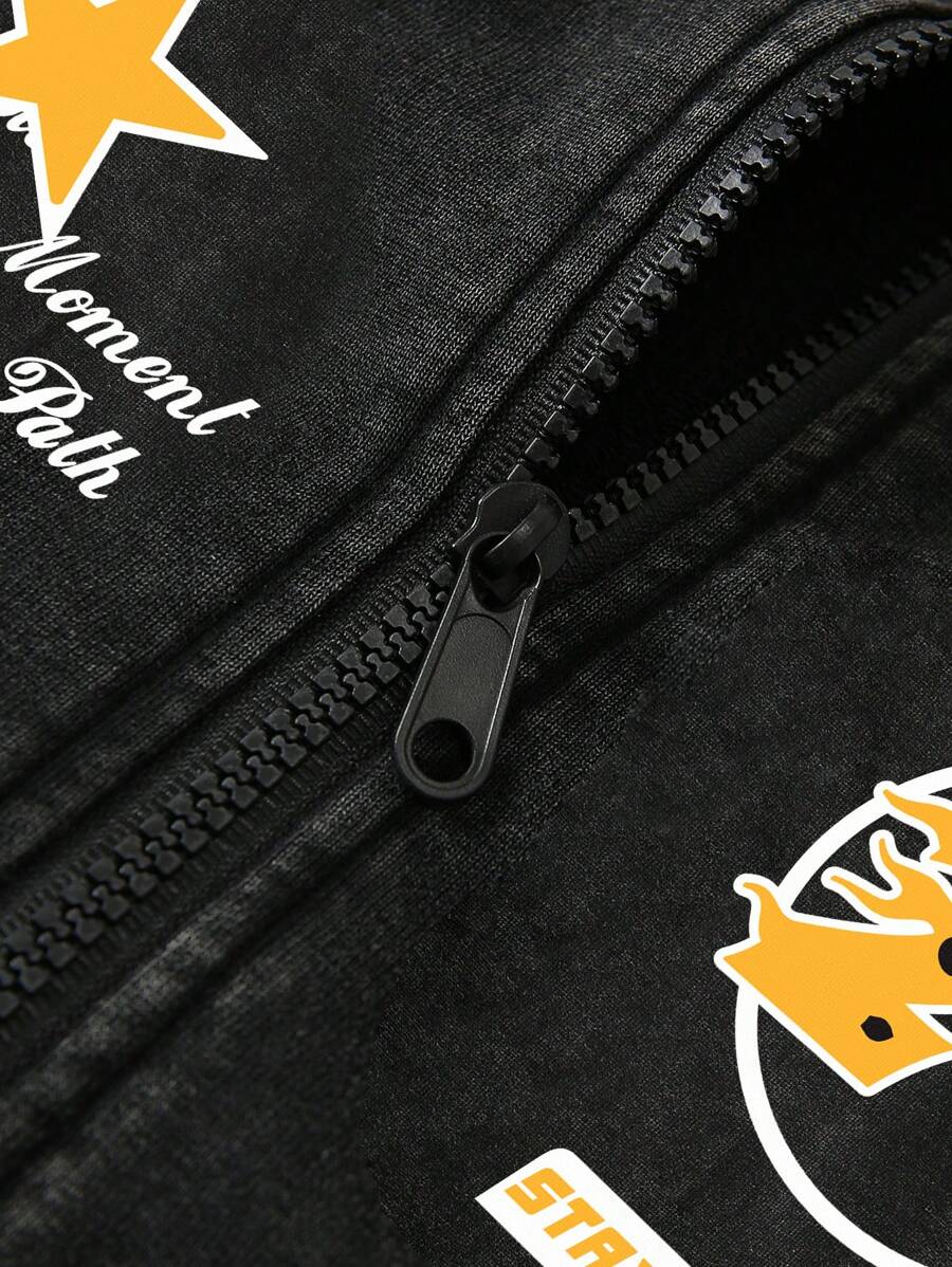 Washed Print Zip-Up Hoodie