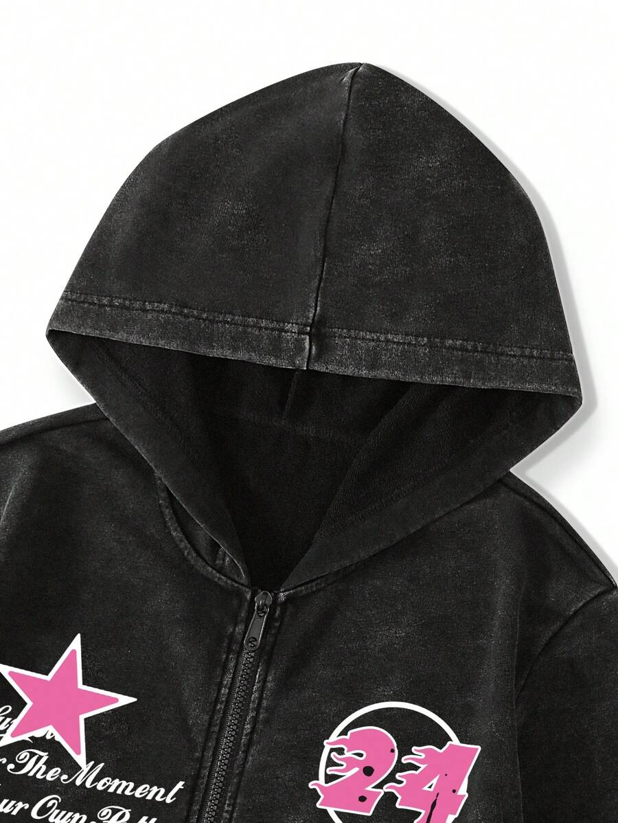 Washed Print Zip-Up Hoodie