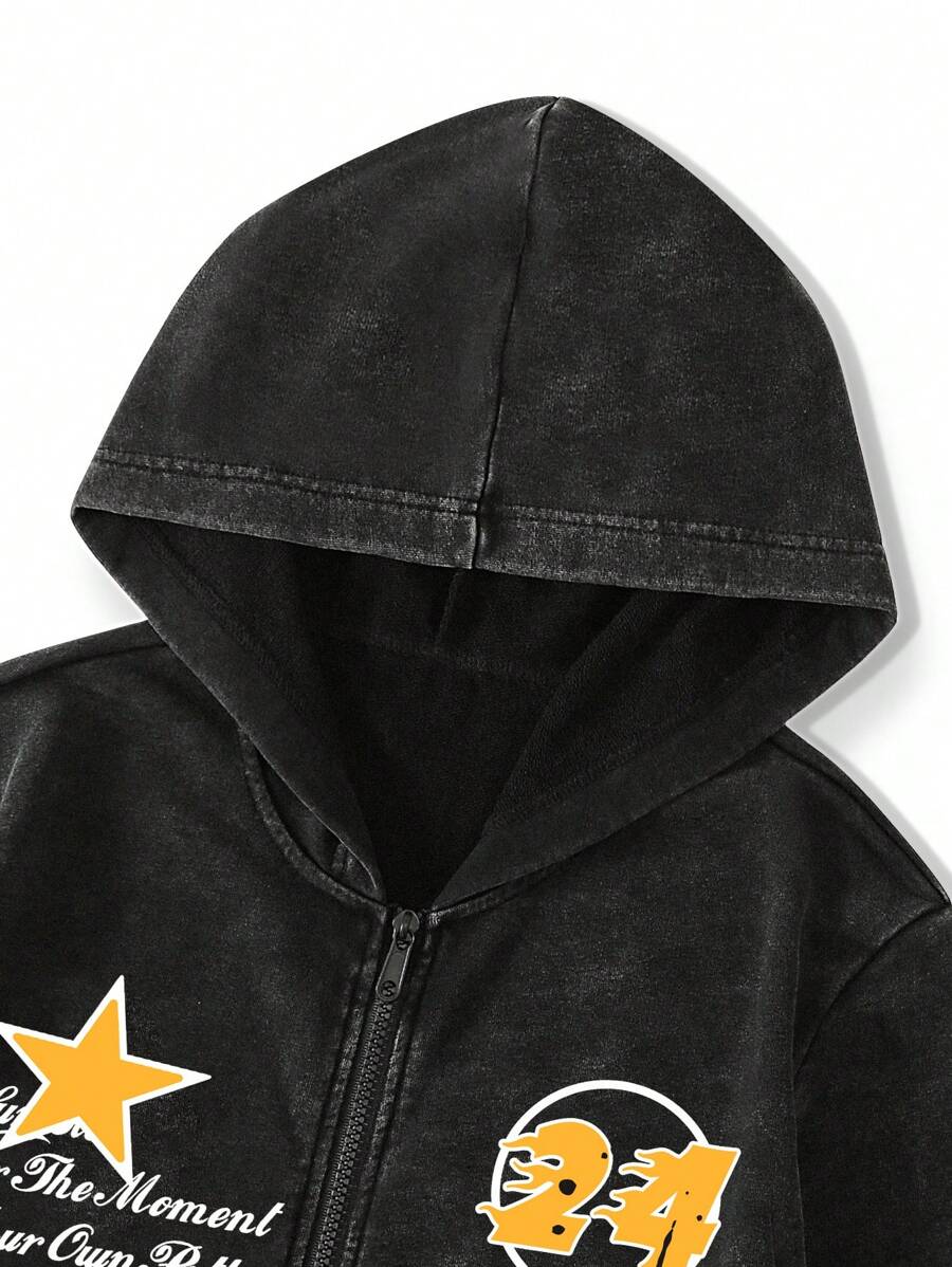 Washed Print Zip-Up Hoodie