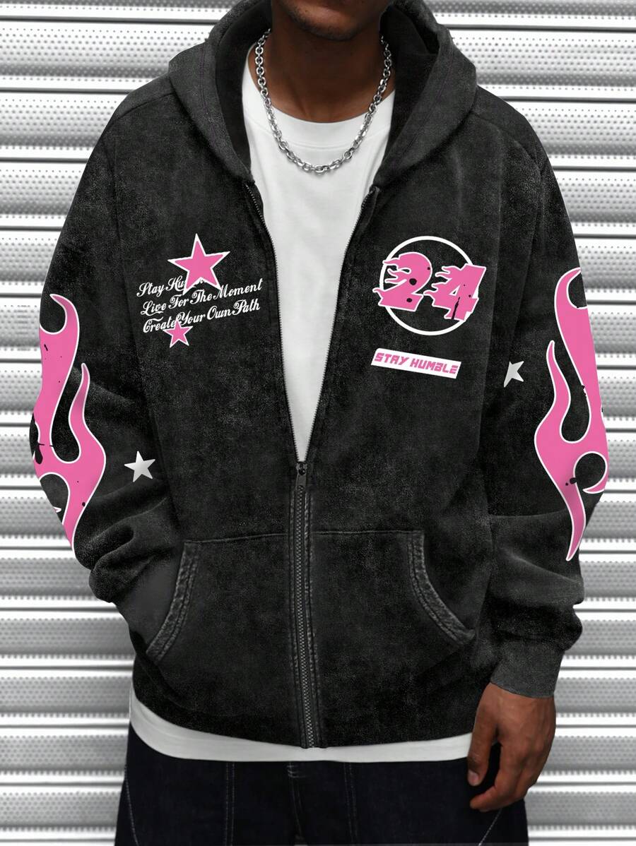 Washed Print Zip-Up Hoodie