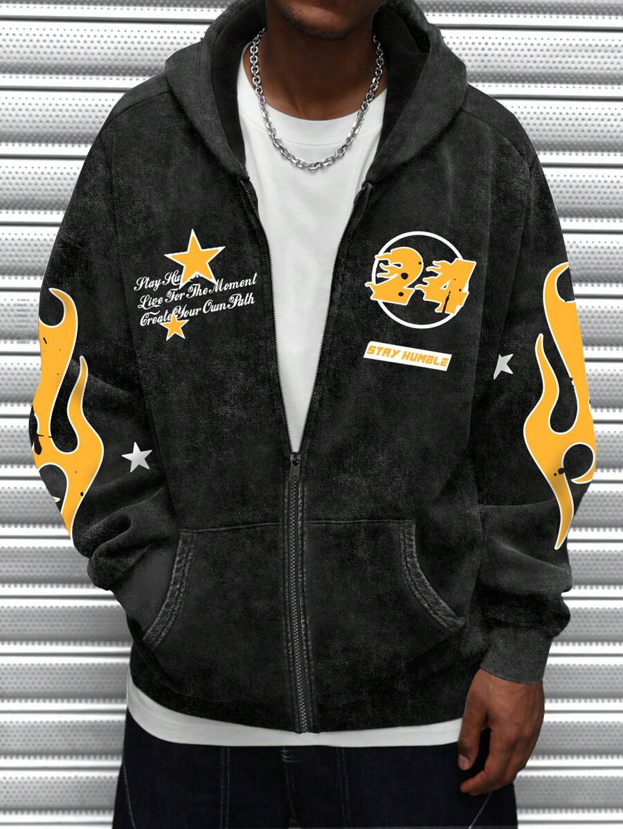 Washed Print Zip-Up Hoodie