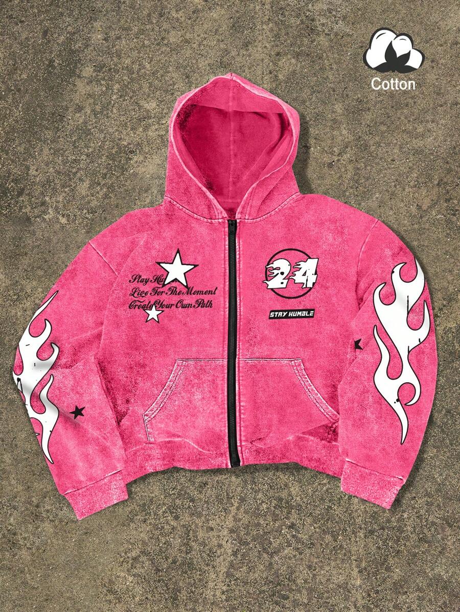 Washed Print Zip-Up Hoodie