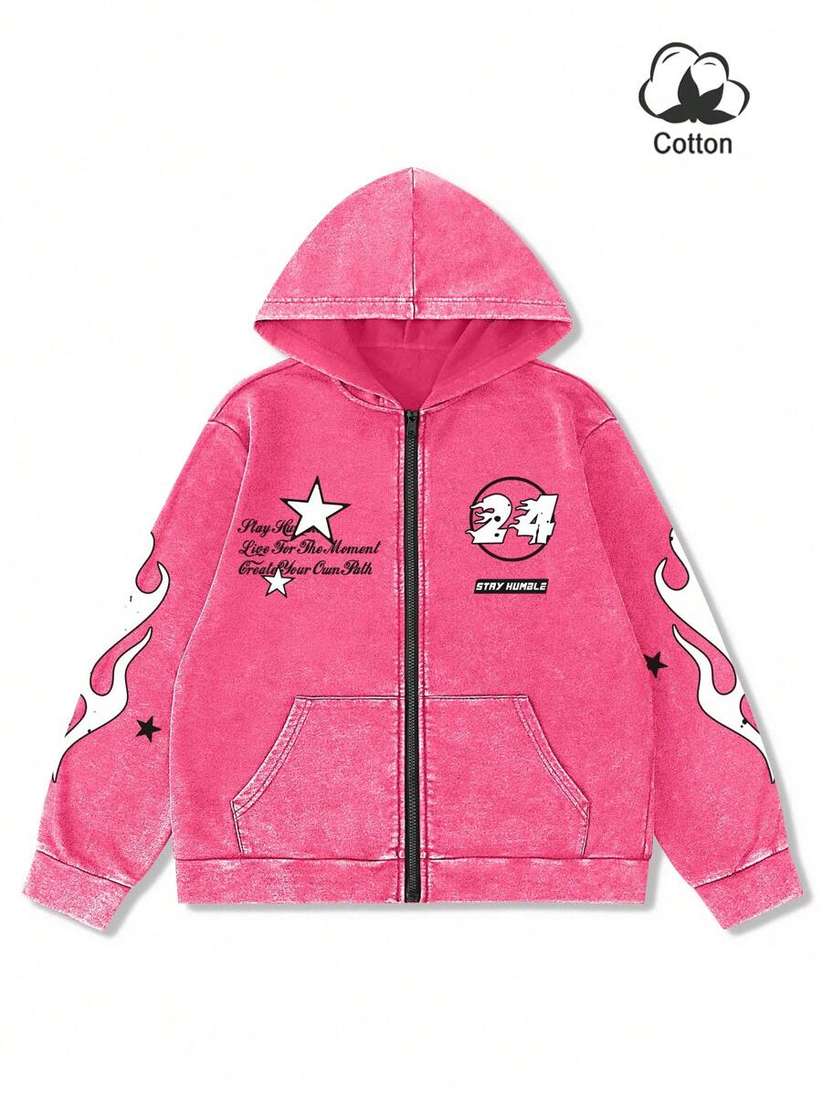 Washed Print Zip-Up Hoodie
