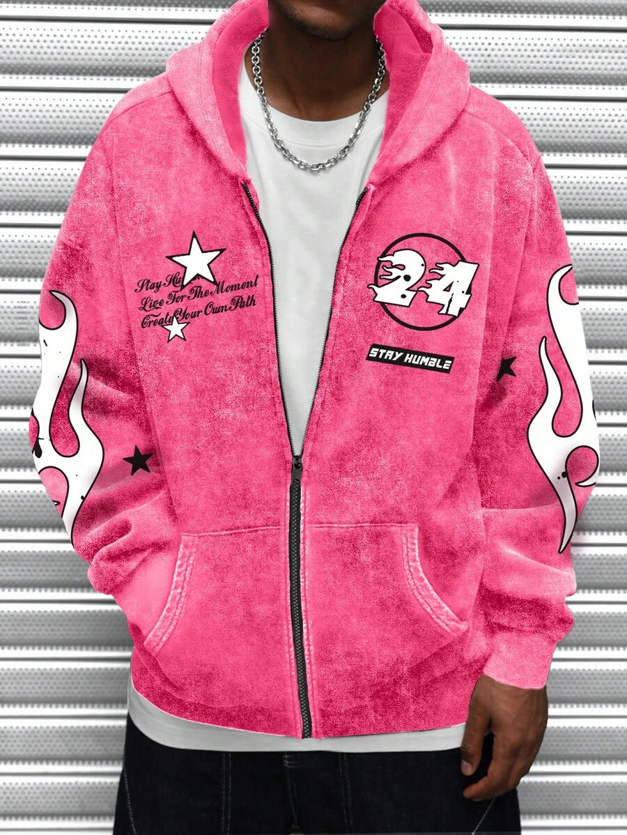Washed Print Zip-Up Hoodie
