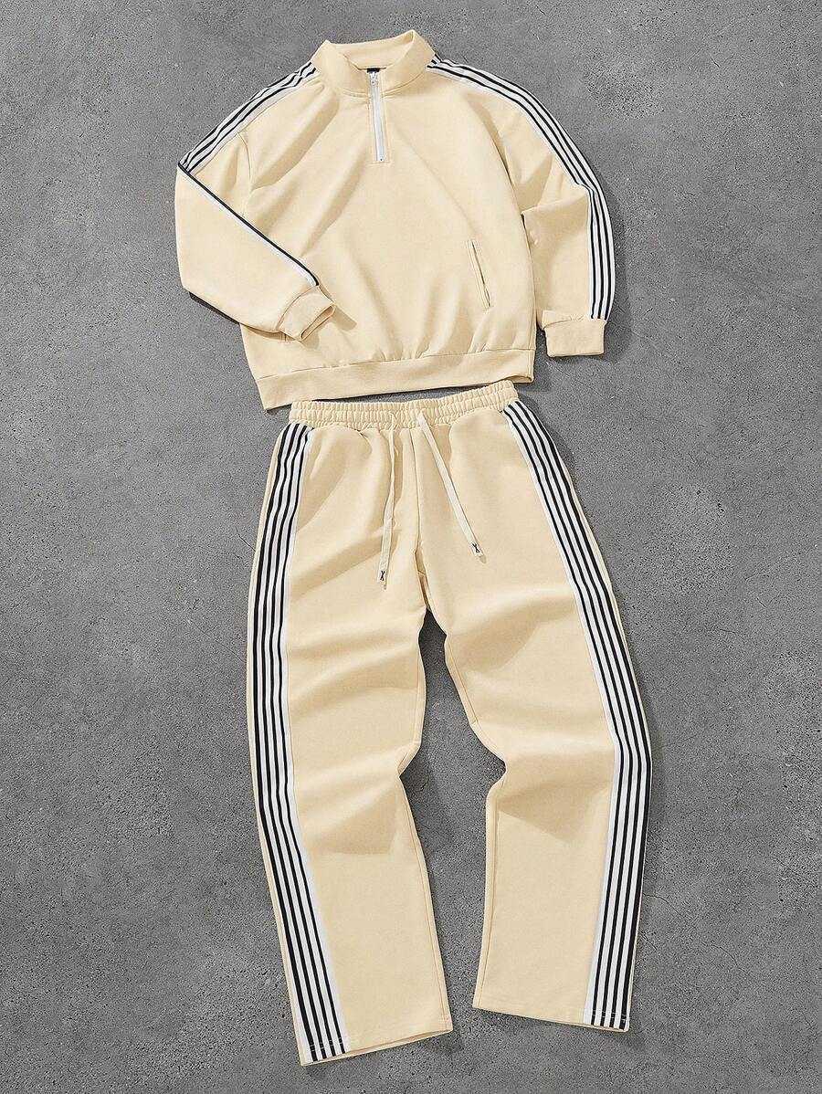 Men's Casual Colorblock Striped Polo Shirt And Pants 2pcs Set