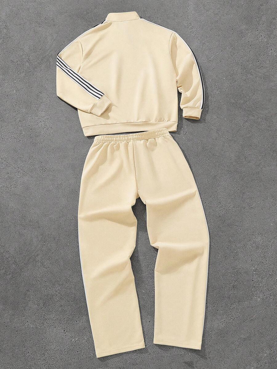 Men's Casual Colorblock Striped Polo Shirt And Pants 2pcs Set