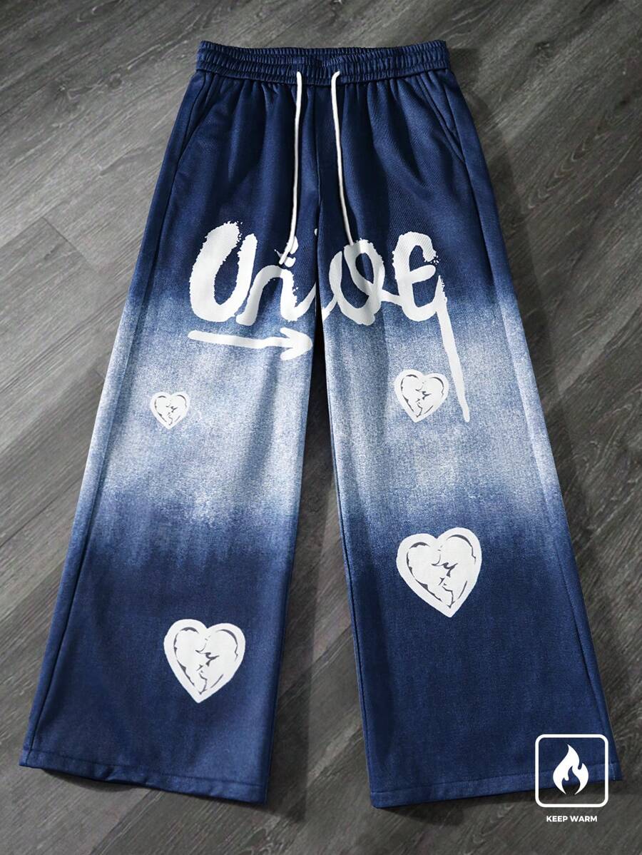 Men's Denim Effect Ombre Heart Letter Print Sweatpants