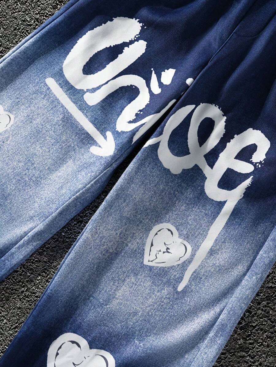 Men's Denim Effect Ombre Heart Letter Print Sweatpants