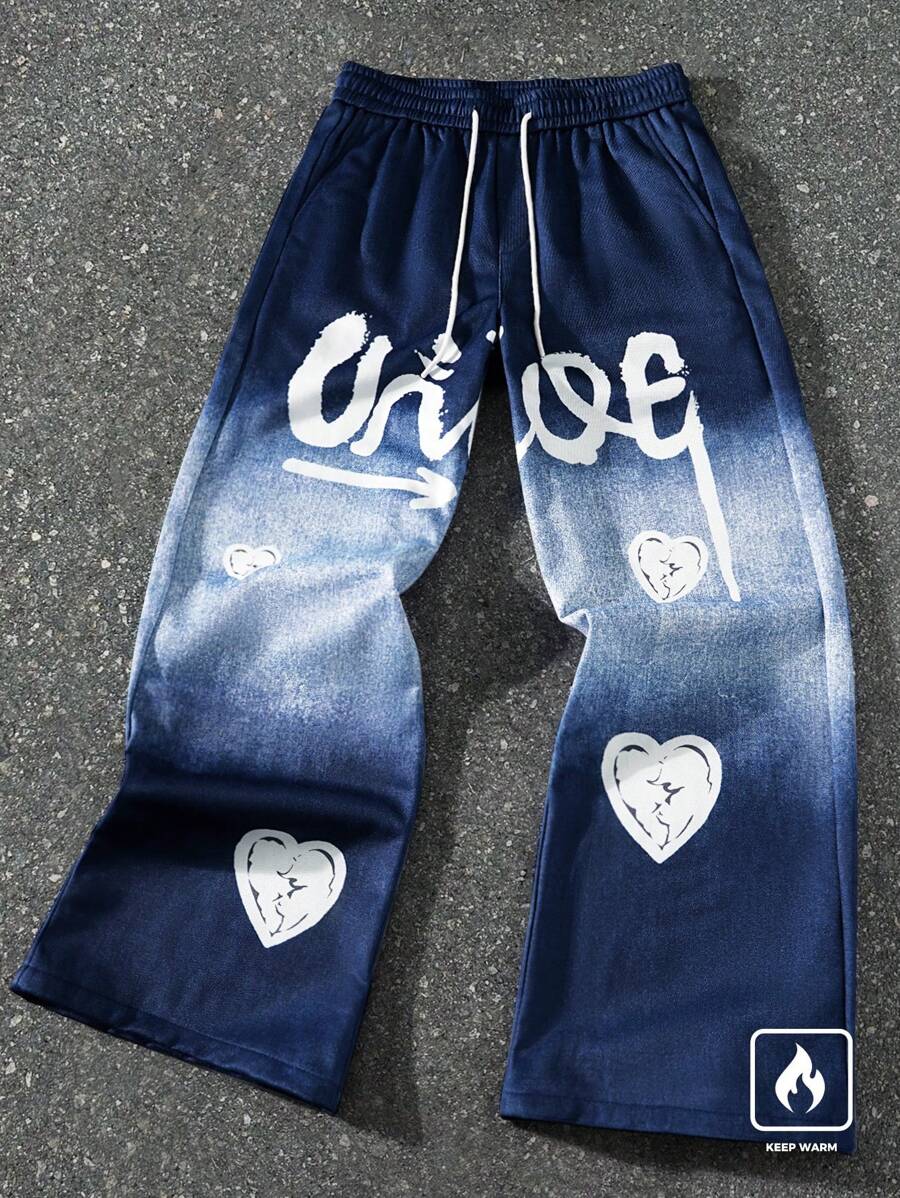 Men's Denim Effect Ombre Heart Letter Print Sweatpants