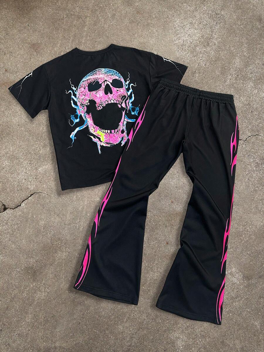 2pcs/Set Men Print Crew Neck Short Sleeve Top And Long Pants Sets
