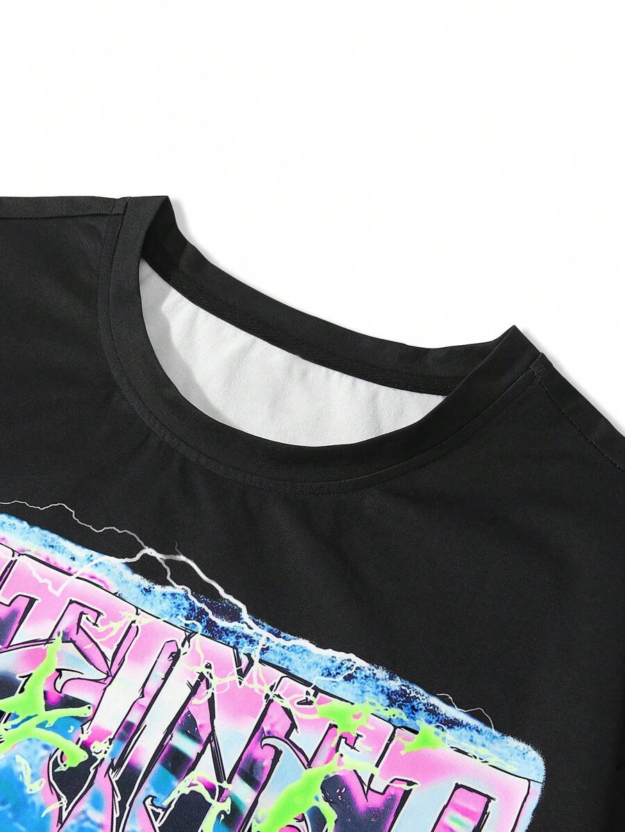 2pcs/Set Men Print Crew Neck Short Sleeve Top And Long Pants Sets