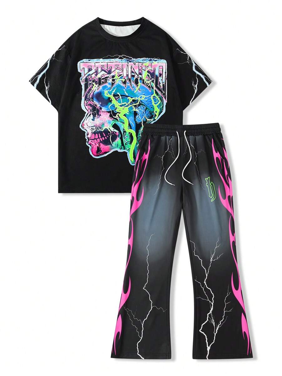 2pcs/Set Men Print Crew Neck Short Sleeve Top And Long Pants Sets