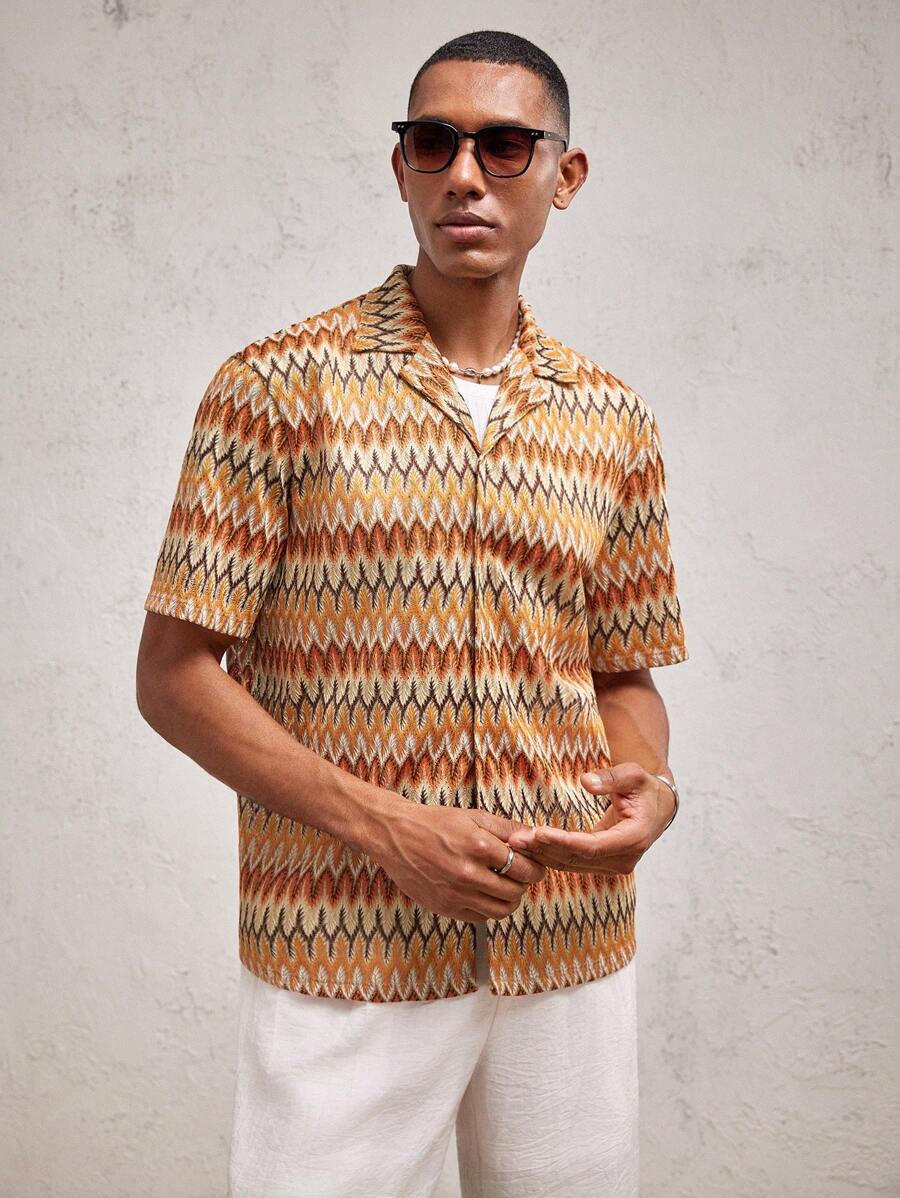 Business Casual Woven Floral Embroidered Drop Shoulder Shirt