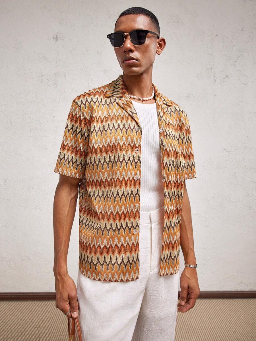 Business Casual Woven Floral Embroidered Drop Shoulder Shirt