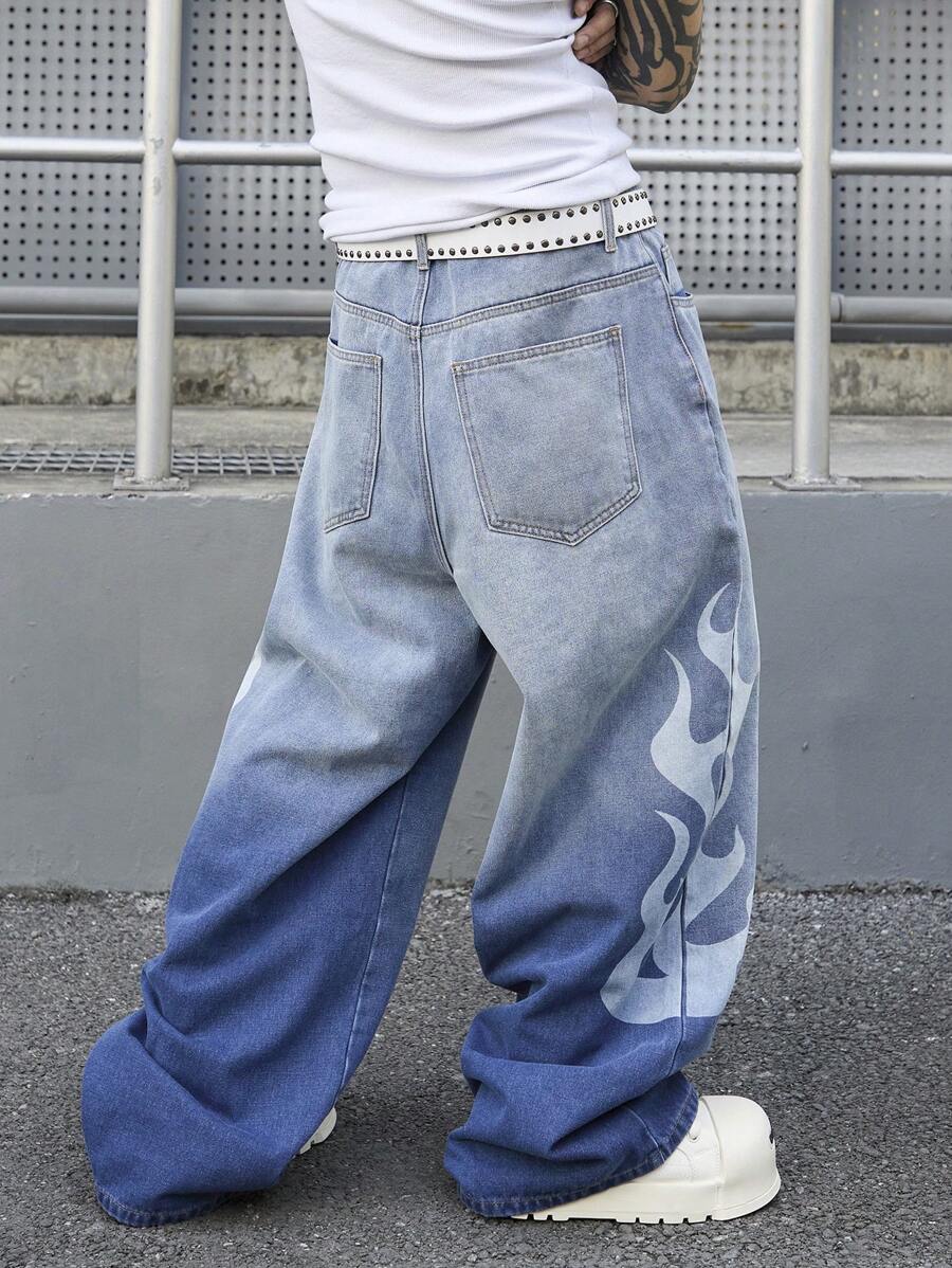 Men's Vintage Light Blue Distressed Denim Loose Wide Leg Pants